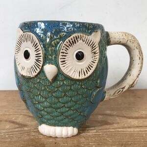 Pacifica Home Vintage Style Blue Green Glazed Cute Ceramic Owl Coffee Mug 6"